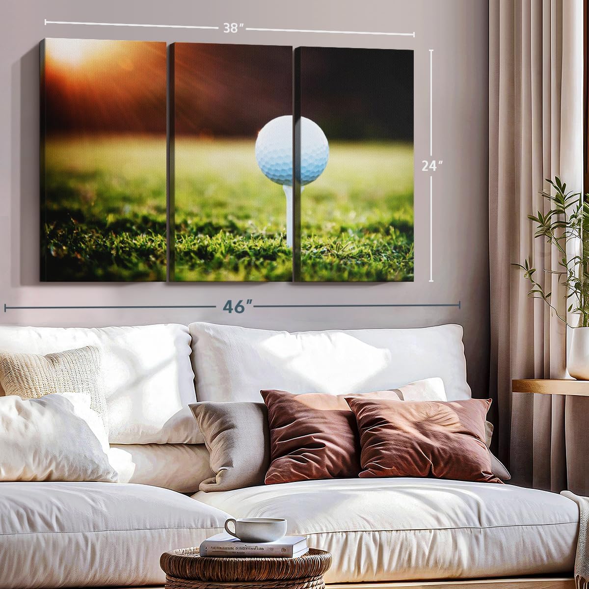 ElephantStock Golf Ball Tee Wall Art - Horizontal Canvas - 3-Piece Living Room Wall Decor - Photography Photographic Canvas Print - Black and White Decor for Wall - 38" X 24"