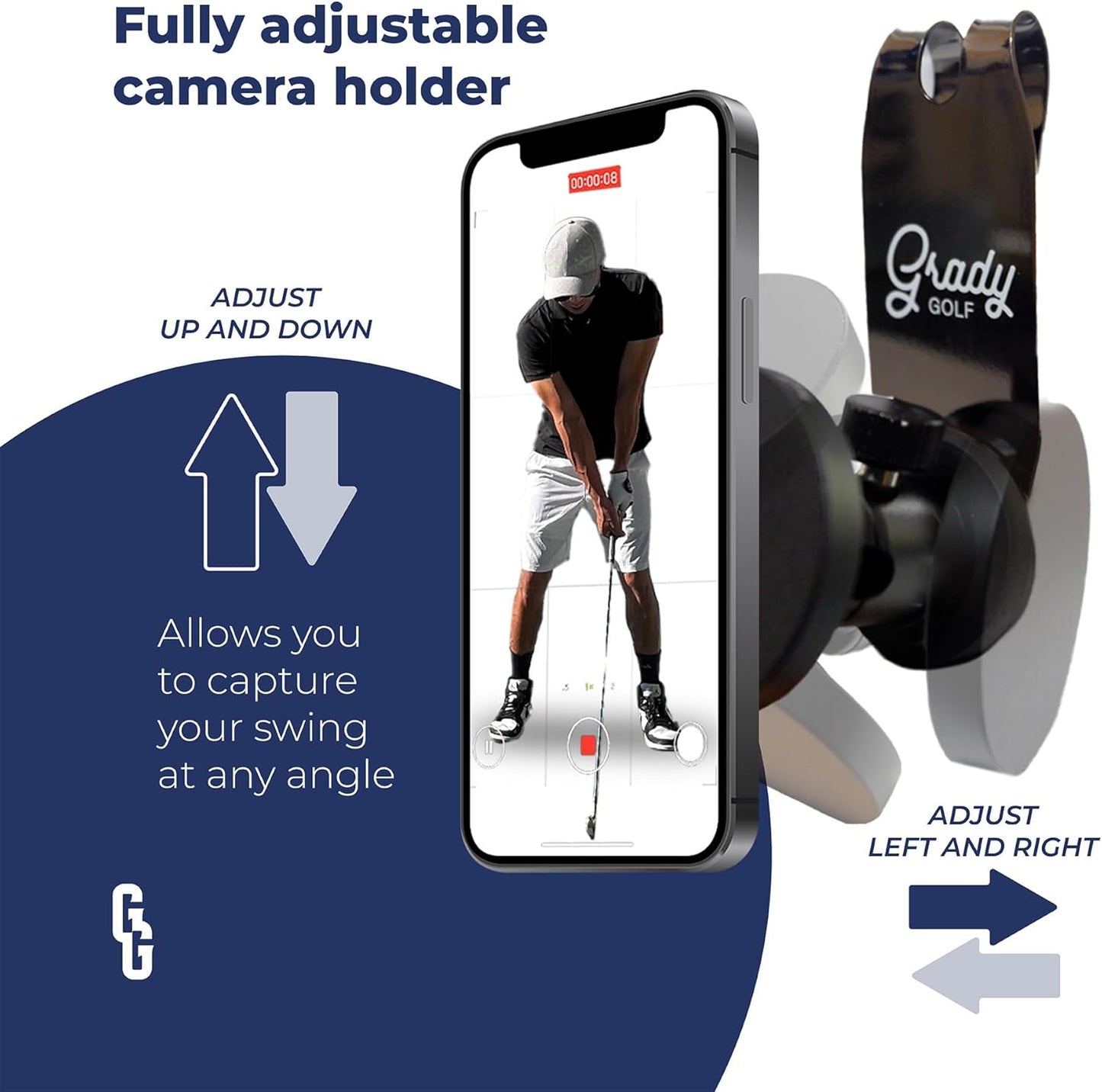 Golf Phone Holder – Fully Adjustable Golf Swing Camera Mount | Converts Any Bag into a Golf Phone Tripod | MagSafe-Compatible for Easy, Clamp-Free Setup | Golf Bag Magnetic Plate Included