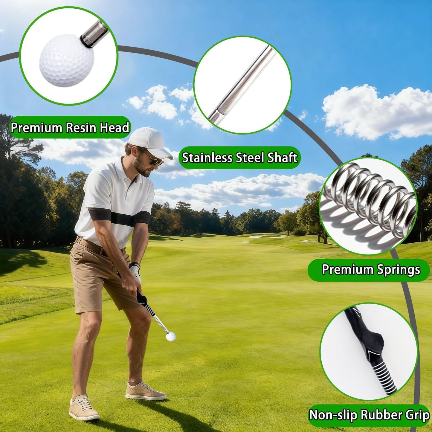 TRILVIX Retractable Golf Swing Training Aid, Portable Grip Trainer with Click Feedback, Right-Handed Golf Training Aid with Arm Band, for Chipping Hitting, Strength & Tempo, Golf Accessories for Men