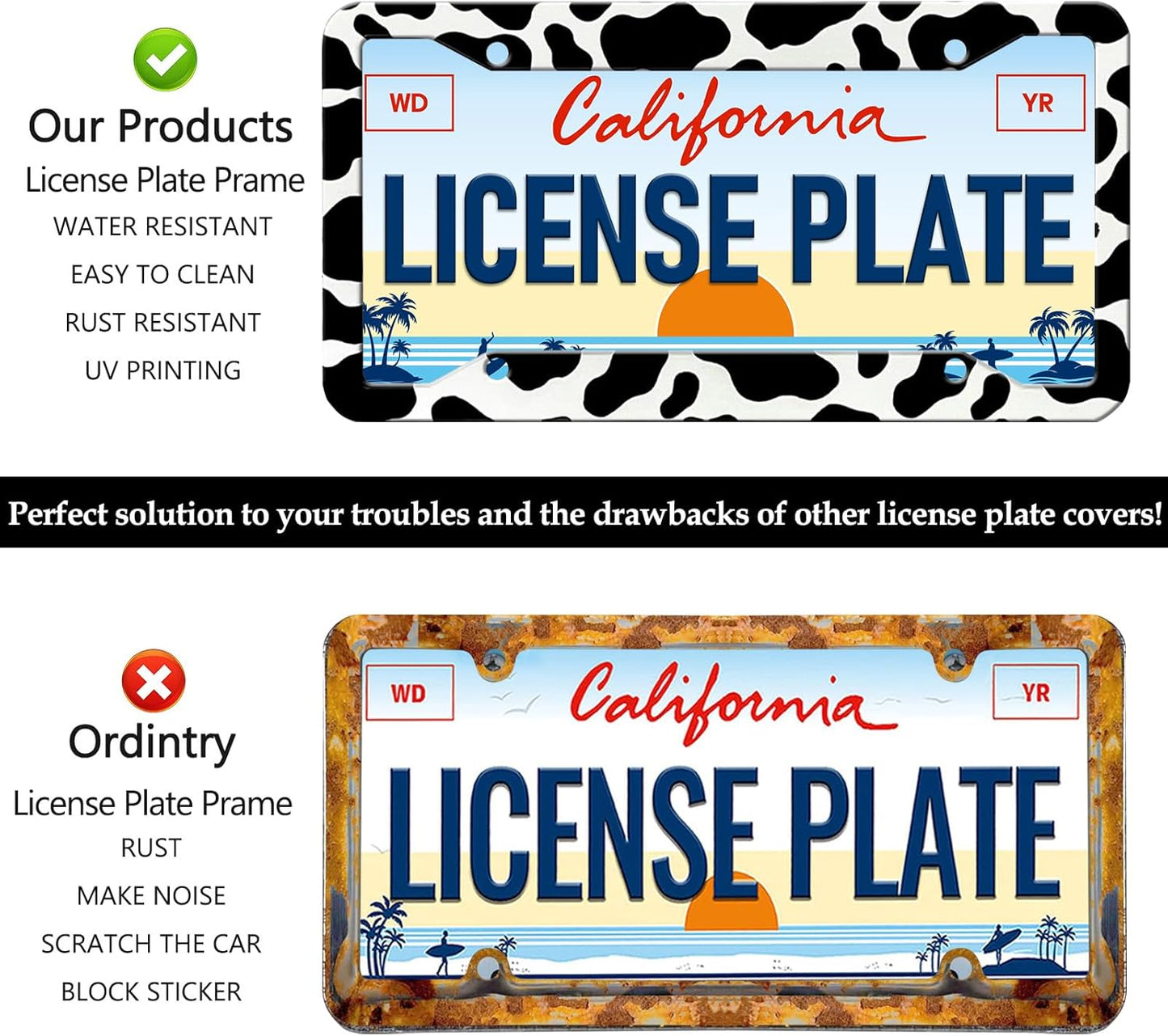 Cow Print License Plate Frames - 2 Pack Cow Cute Animal Black White Spot License Plates Holder Covers, Aluminum Metal Rust-Proof Waterproof Car Tag Frame with Screws Fasteners Caps