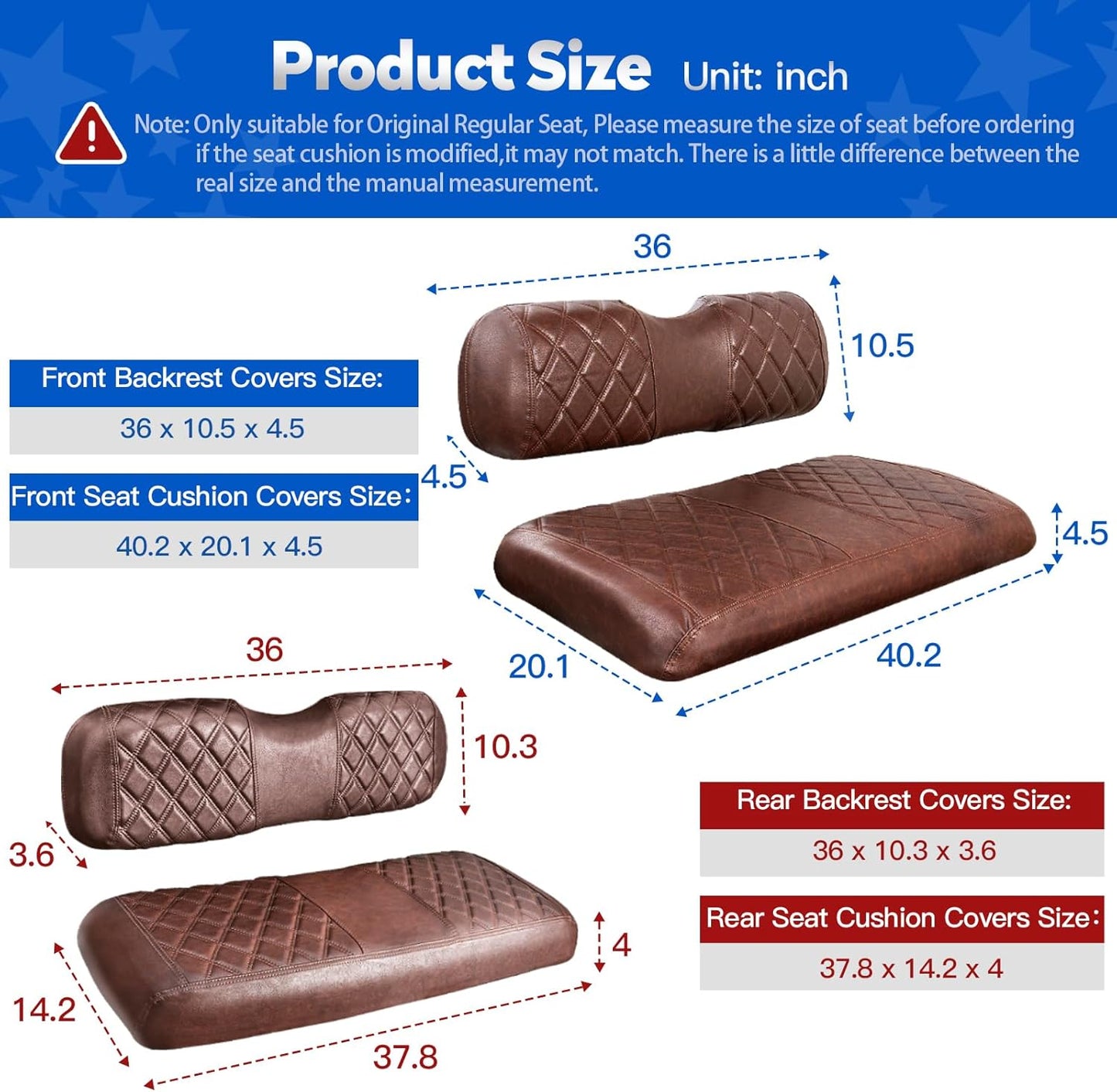 NOKINS 4PCS Golf Cart Diamond Seat Covers Kit, Front&Rear Seat Covers Fits EZGO TXT 1994-2013/EZGO RXV Standard Seat Cushion, EZGO Vinyl Seat Cover Accessories, No Staples(Brown Brown 8438)