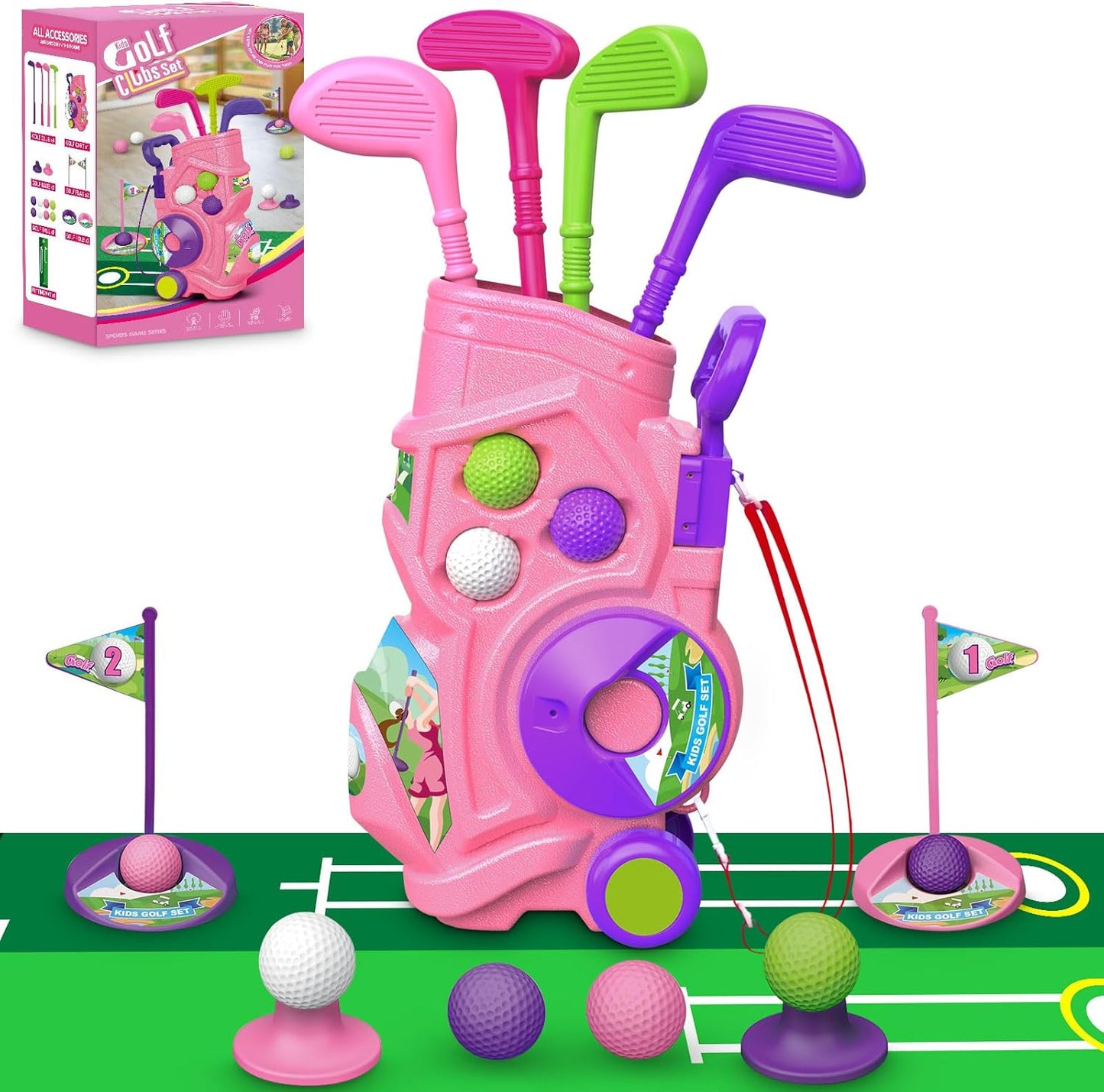 Letapapa Toddler Golf Set with Putting Mat, 4 Clubs, 8 Balls, 2 Practice Holes for Kids 3-5 Years Old, Indoor Outdoor Sports Toys with Shoulder Strap, 20 Pieces