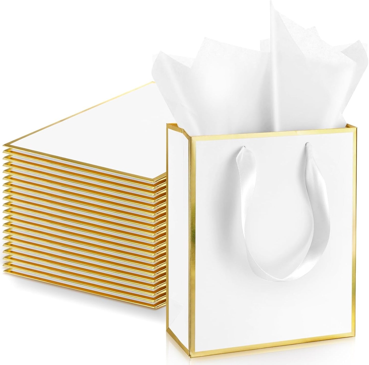 Yeaqee 24 Pack Metallic Paper Gift Bags with Handle and Tissue 9x7x3.1 Gold Foil Welcome Favor Bags Return Gifts for Wedding Fall 5 Senses Christmas Bridesmaid Birthday(White Gold)
