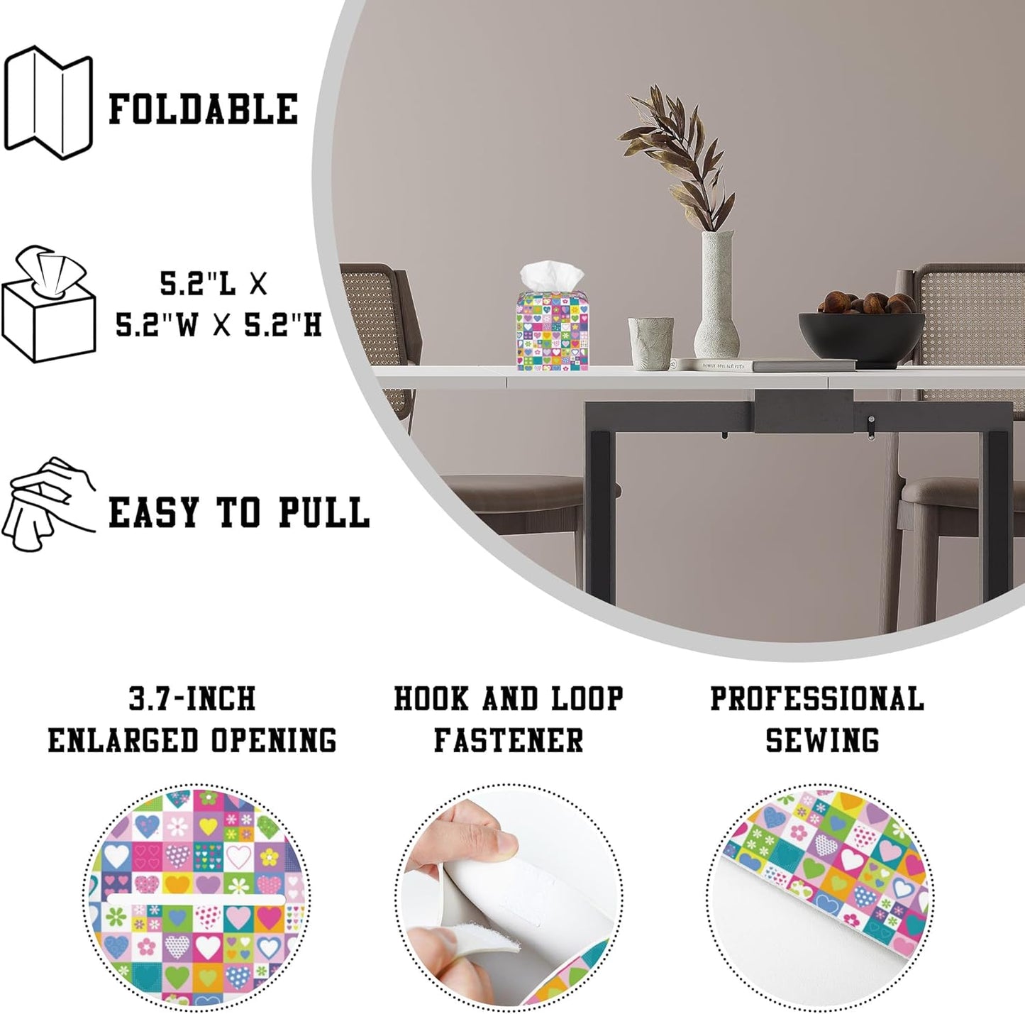 Checkered Hearts and Flowers Tissue Box Cover Square, Tissue Box Holder Leather Facial Paper Case Decorative Organizer Holder Dispenser Home Office Car Decor