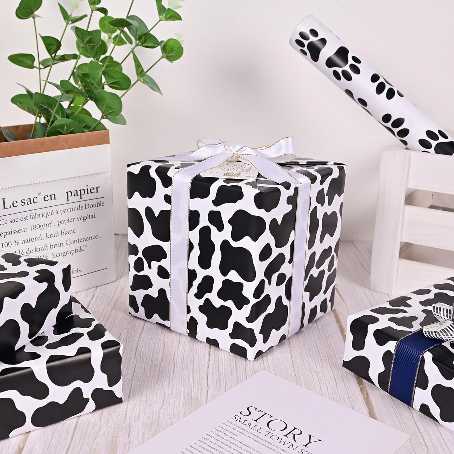 Vnaeem Cow Wrapping Paper Roll - Mini Roll - 17 Inch X 33 Feet - Cow Print Wrapping Paper for Birthday, Baby Shower,Christmas, Holiday, New Year, Party, Celebration