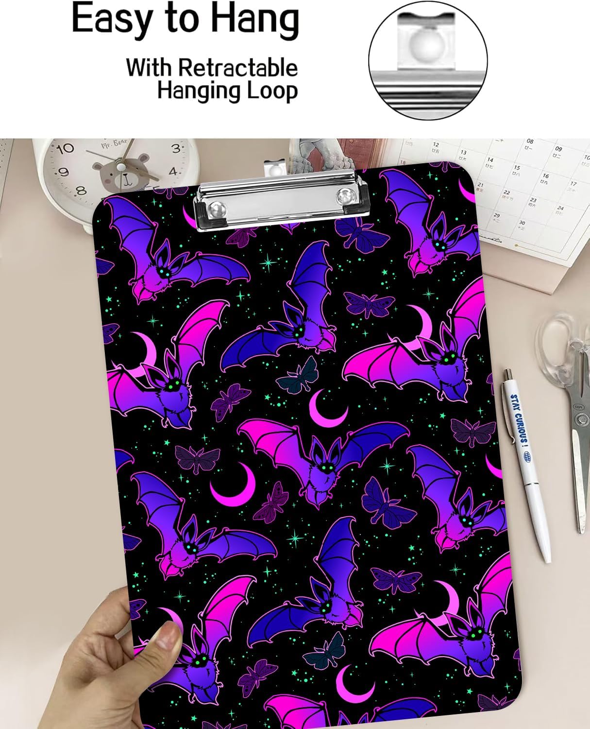 Fashion A4 Clipboard, Standard Letter Size 9" x 12.5", Decorative Wooden Clipboard with Low Profile Metal Clip for Office, School, Teachers, and Students, Purple Bat Gothic