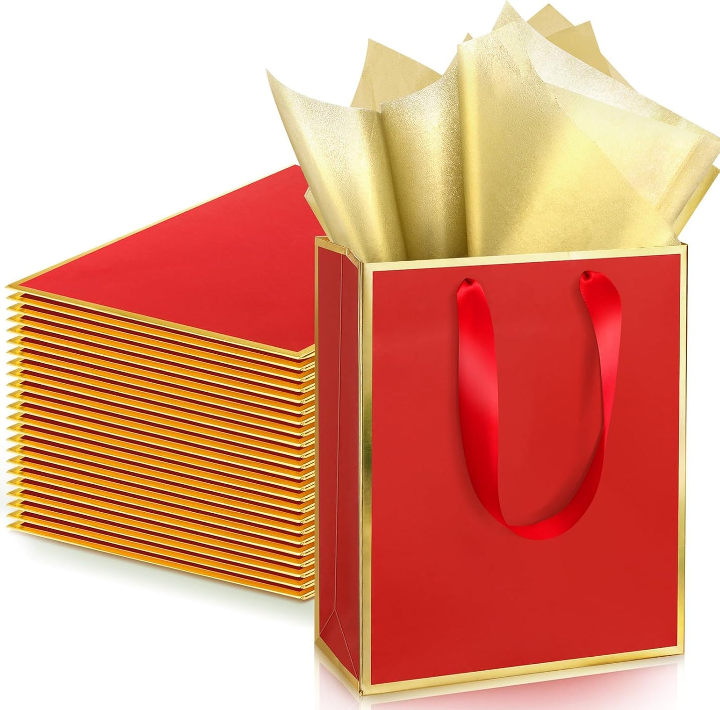 Yeaqee 24 Pack Metallic Paper Gift Bags with Handle and Tissue 9x7x3.1 Gold Foil Welcome Favor Bags Return Gifts for Wedding Fall 5 Senses Christmas Bridesmaid Birthday(Red Gold)