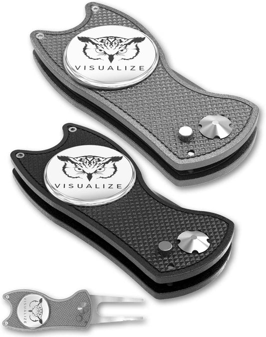 VISUALIZE Elite Switchblade Golf Divot Repair Tool Set with Ball Marker - Sturdy Anodized Aluminum - Perfect Golf Accessory Gift