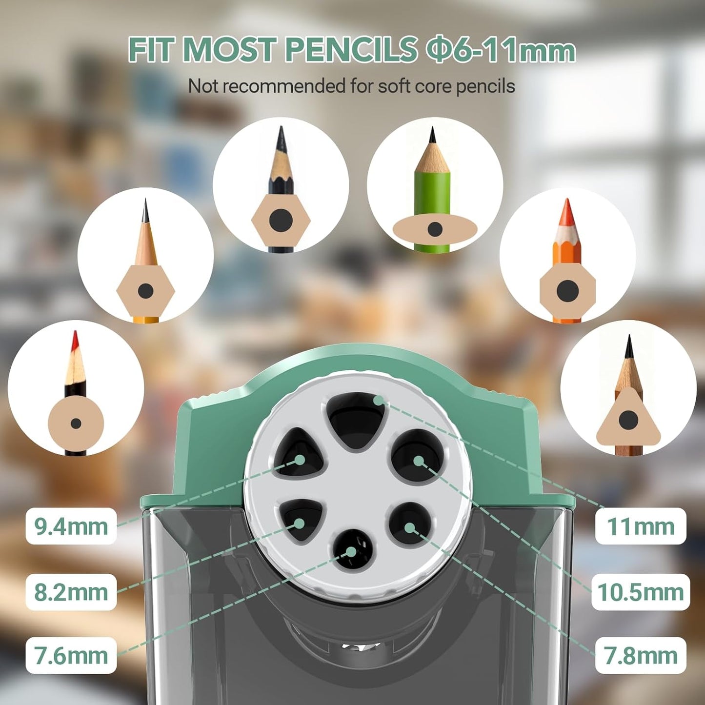 AFMAT PSD4 Electric Pencil Sharpener Heavy Duty, 6 Holes, Cordless & Rechargeable, Super Fast, Auto Stop, 10K+ Uses, Classroom Pencil Sharpener for 6-11mm No.2/Large/Colored Pencils, Green