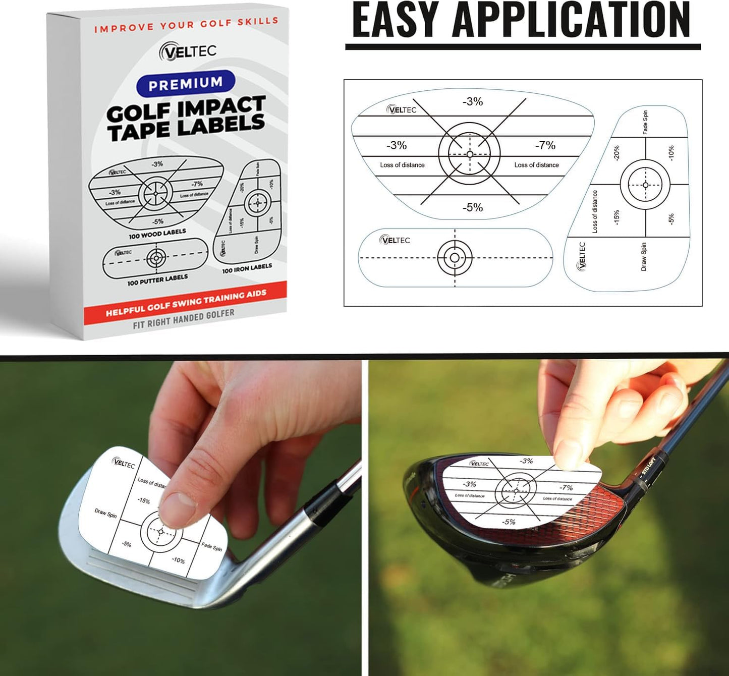 Veltec Premium Golf Impact Tape Labels, Self-Teaching Sweet Spot and Consistency Analysis, 300 Pieces (100 Wood, 100 Iron and 100 Putter), Useful Training Aid Improve Ball Striking