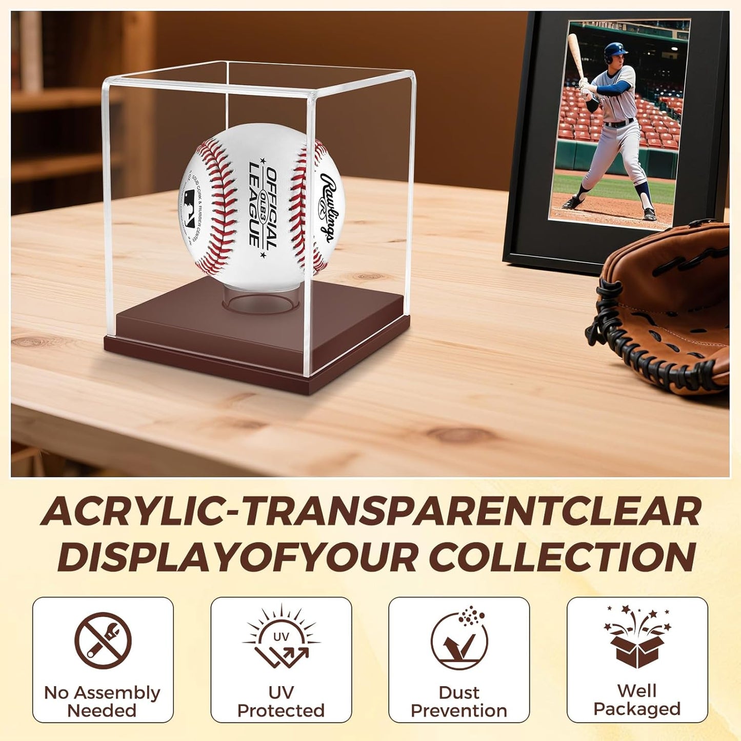 Baseball Display Case, UV Protected Clear Acrylic Cube Golf Ball Display Holder, Autograph Stand and Memorabilia Showcase Box for One Ball, Brown Wooden Base
