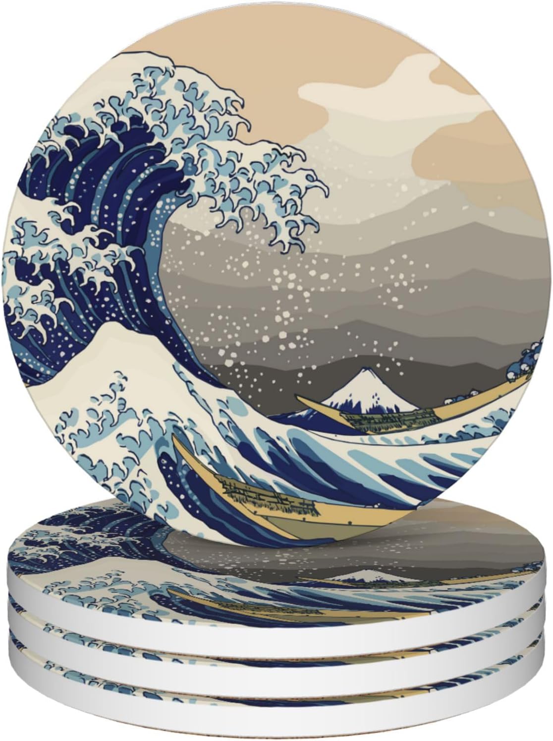 Japanese Style Waves Round 4" Cup Coasters Set of 4, Absorbent Ceramic Coasters with with Cork Backing, Table Home Decor, Gifts for Women Men