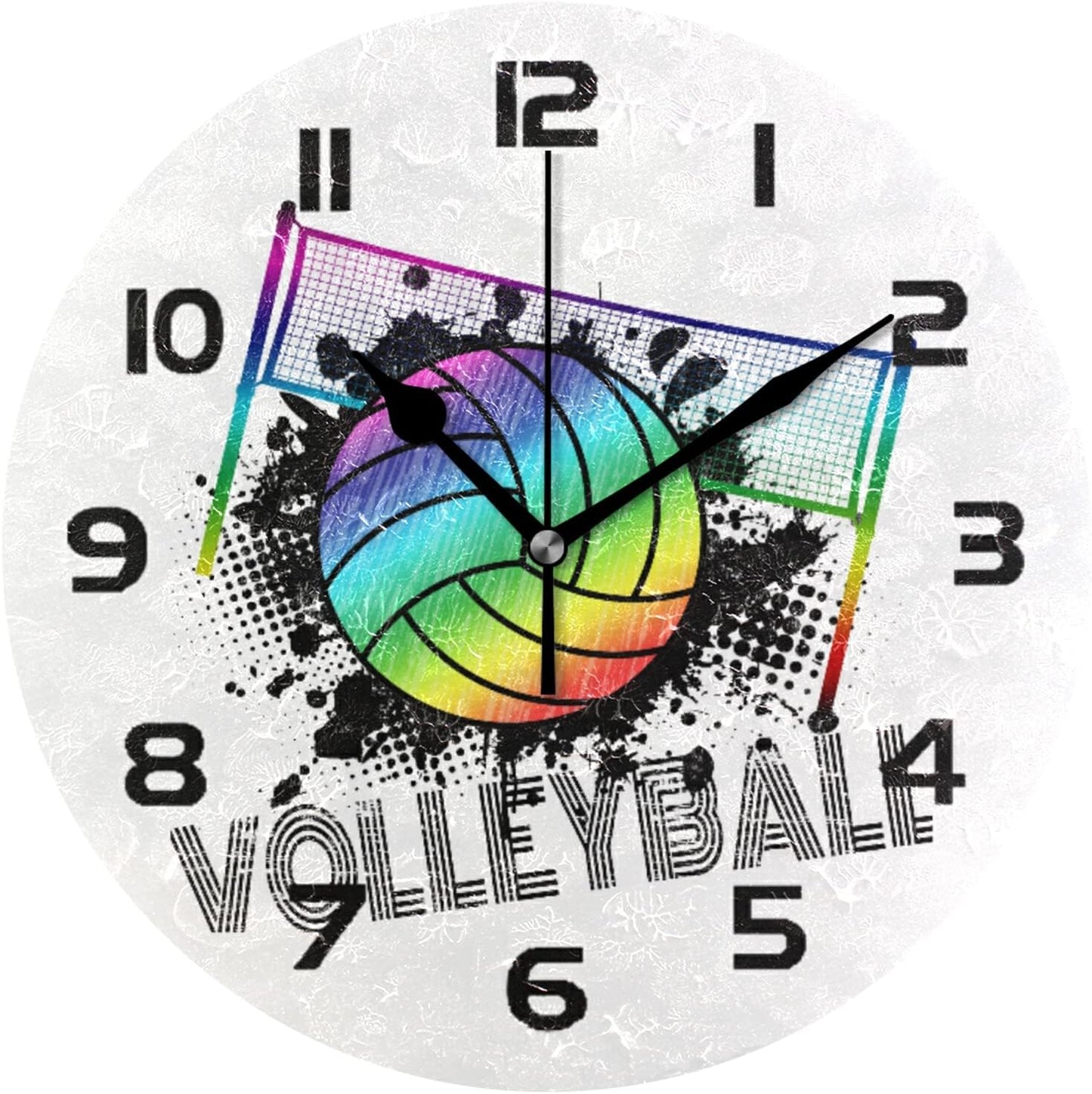 Sport Rainbow Volleyball Wall Clock Silent Non-Ticking,Volleyball 9.5 Inch Round Wall Clock Battery Operated Clock Decor for Boys Room Home Wall Bathroom Kitchen Bedroom Living Room Office Classroom