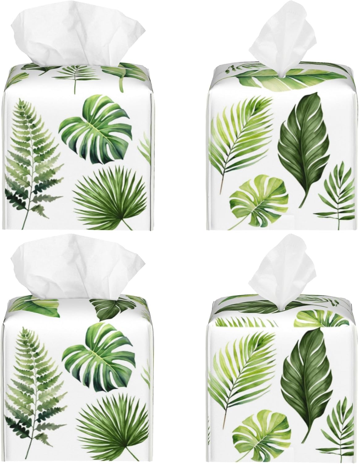 Green Tropical Leaves Tissue Box Cover Square,Watercolor Plant Palm Leaves Tissue Box Holder Waterproof Leather Facial Paper Organizer Dispenser for Bathroom Home Car Nightstand Vanity Desk