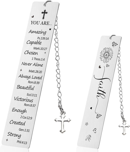 Christian Bookmark for Women - Metal Bible Book Marks with Scripture Verse and Cross Charm, Religious Faith Bookmarks Present for Baptism Christmas Birthday