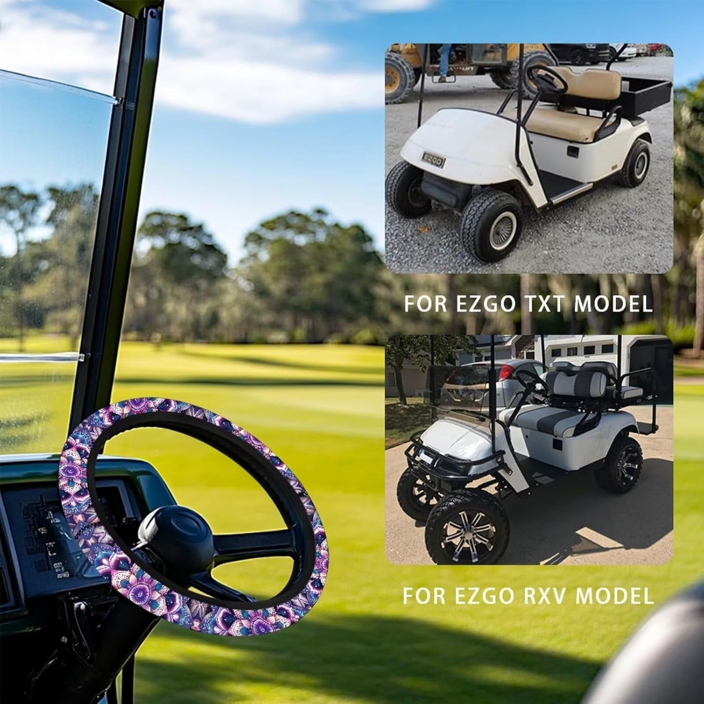 Mandala Golf Cart Steering Wheel Cover Purple 13.5 Inch Steering Wheel Cover Golf Cart Accessories for Women, Lightweight Anti-Slip Club Car Decor Easy to Install
