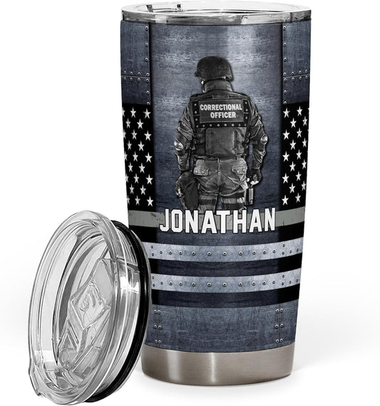 Correctional Officer Tumbler - Thin Silver Line Corrections American Flag, Thin Gray Line Corrections - Corrections Officer Gifts - Corrections Department Graduation Retirement Gifts - 20oz Tumbler