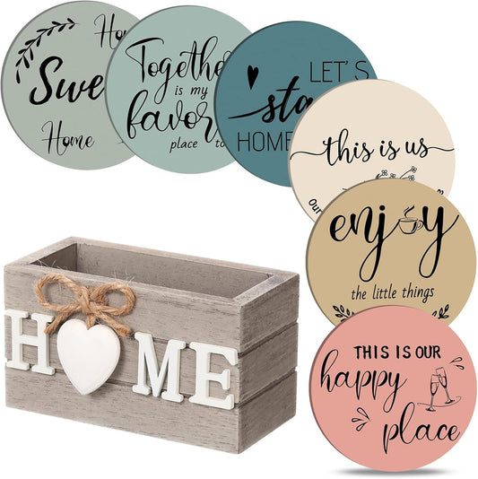 Queekay Housewarming Gifts for Home Decoration Wooden Heart Coasters for Drinks 6 Set Farmhouse Coasters with Holder Funny for Family Coffee Table Protection, 4''(Light Color)