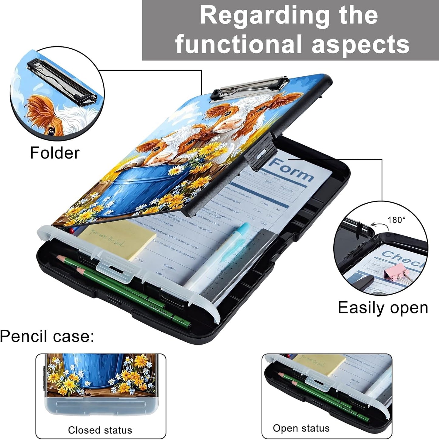 Clipboard with Storage - Large Capacity,Nursing Clipboard with Pen Holder,Heavy Duty,Plastic Side-Opening Folder for Teacher,Nurse - Cute Cows Bucket