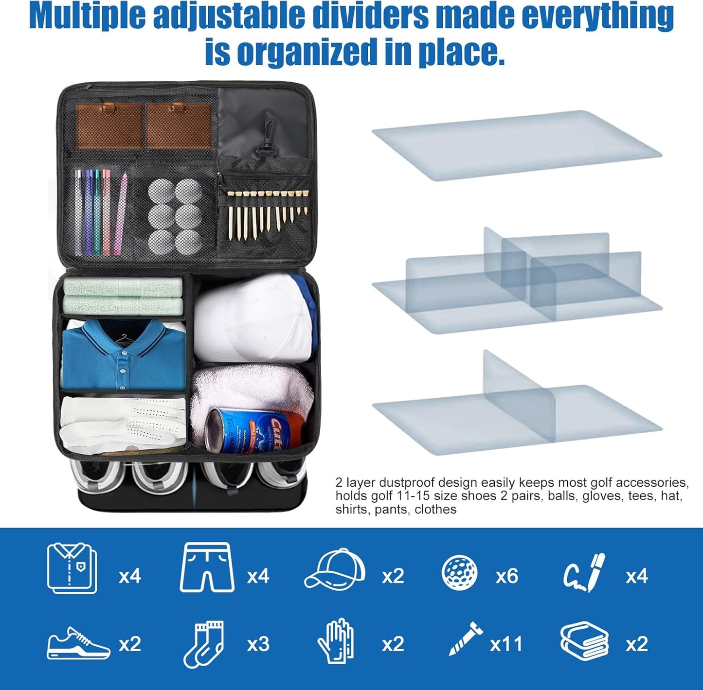 Golf Trunk Organizer for Car SUV with Shoe Compartment & Divider | 2-Layer Golf Storage Bag for Balls, Tees, Accessories | Waterproof Golf Locker Gift for Men, Dad, Golfers