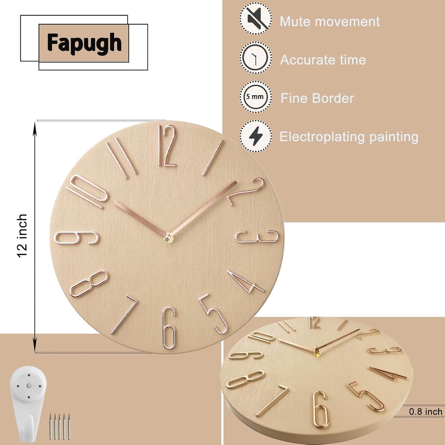 Wall Clock, Silent Clock, Wall Clocks Battery Operated， 12 inch Modern Wall Clock, Suitable for Offices, Living Rooms, Kitchens, Homes, Schools (Beige Without Second Hand)