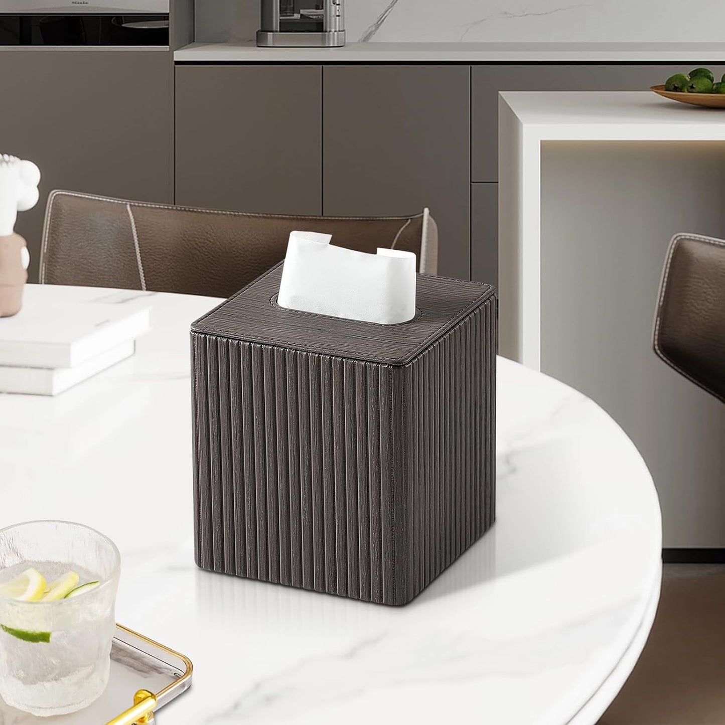 PU Leather Tissue Box Cover Square Tissue Box Holder with Magnetic Closure (Dark Brown)