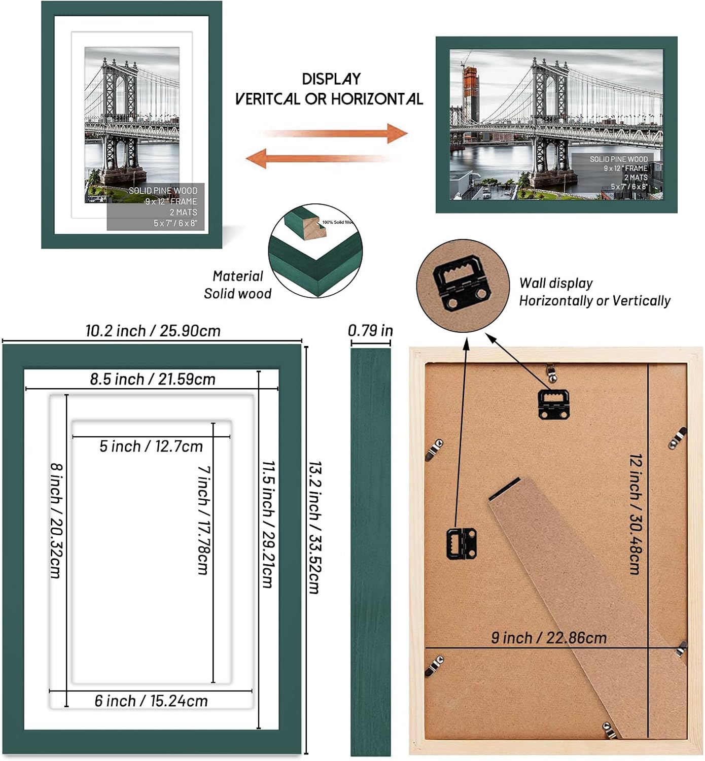 9x12 Picture Frames Solid Wood Display Pictures 6x8 or 5x7 with Mat or 9x12 Frame without Mat Poster Photo Frame Art with 2 Mats for Wall Mounting or Table Top(Dark Green)