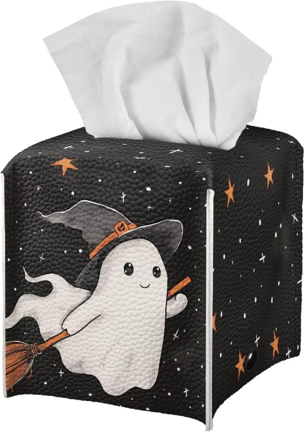 Halloween Black Cute Ghost Tissue Holder Faux Leather Square Tissue Box Covers Soft Folding Easy to Clean Decorative Bathroom Accessory Tissue Box Organizer for Table, Desk, or Countertop