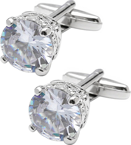 Polyhedral Zircon Gemstone Cufflinks for Men In Gift Case Round Golden/Silver Zircon Crystal Men's Cufflinks Set for Wedding Party Anniversary Business Events Dress