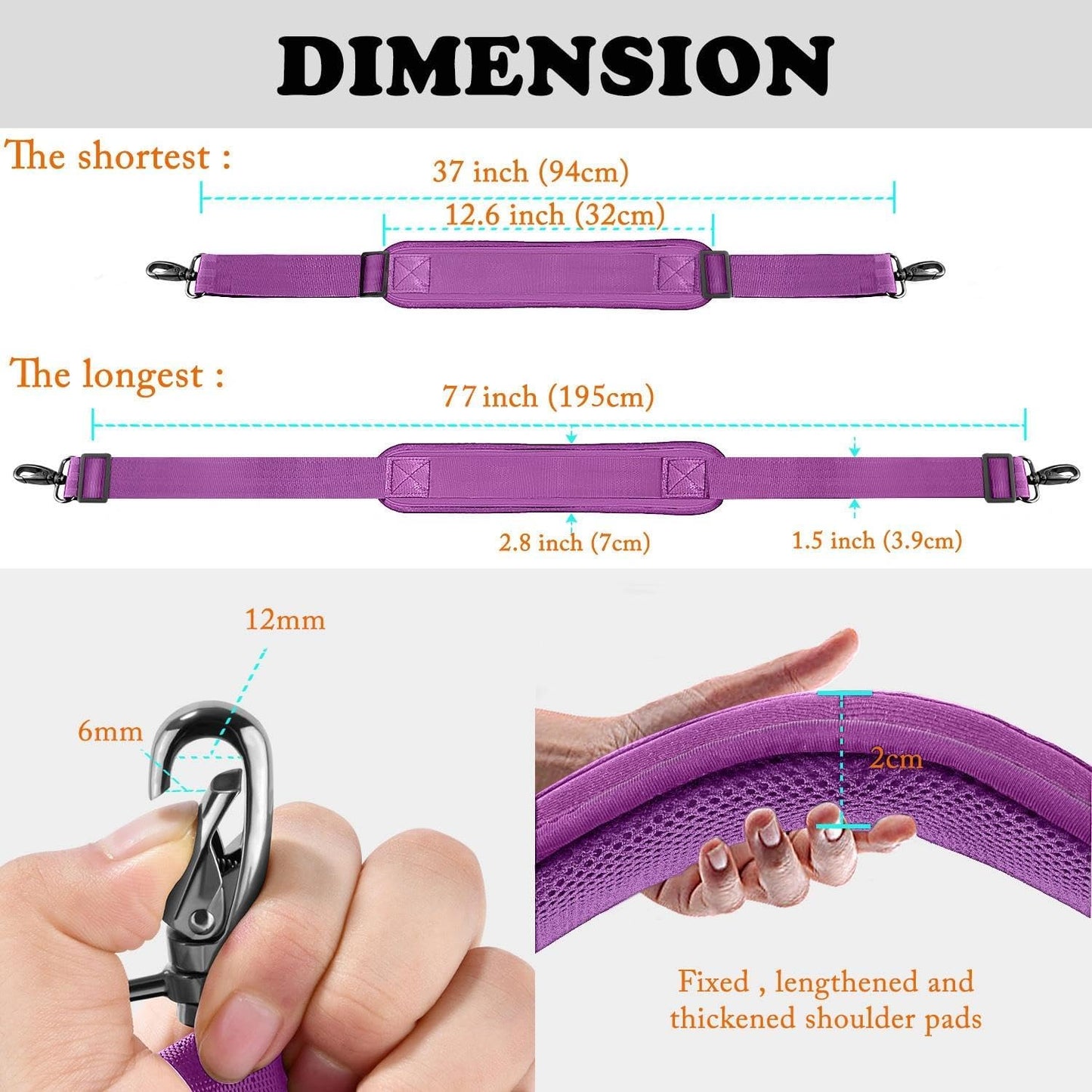 ZINZ 77 Inch Shoulder Strap Univesal Bag Strap with Fixed Pad Ultra Thick Plus Long & Breathable Cushion, Replacement Strap for Bags,Purple