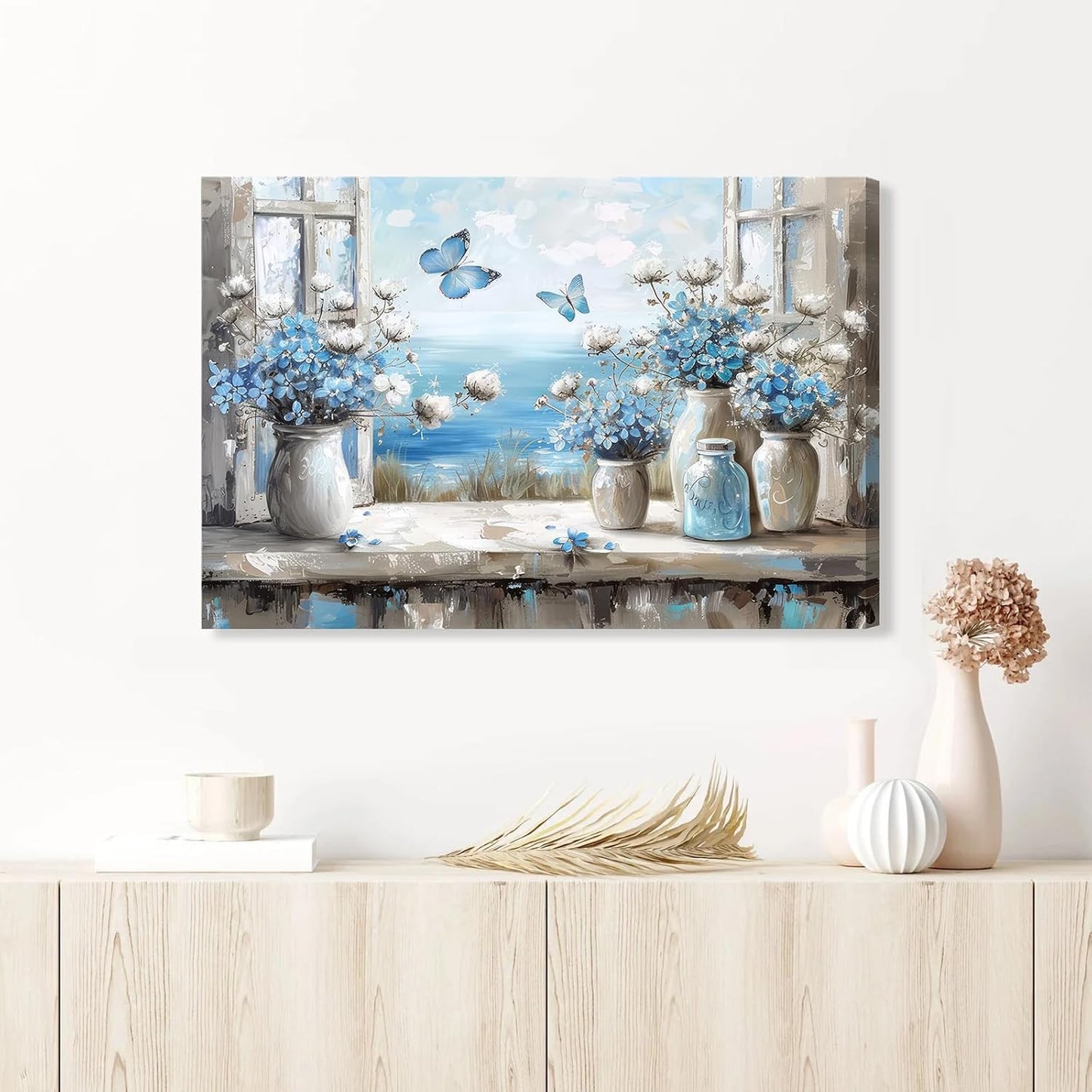 Blue Coastal Flower Bathroom Canvas Wall Art Butterfly Bathroom Painting Picture Wall Decor Window Beach Butterfly Poster Print Artwork for Living Room Bathroom Home Decoration