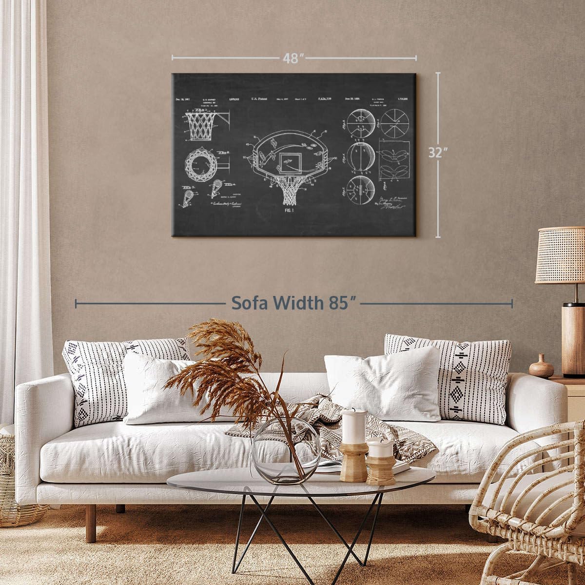 ElephantStock Basketball Patents Canvas - 1 Panel Sports Patent Wall Art Decor - Sports Decorations for Boys Room - Wall Art and Office Decor - 48" X 32"