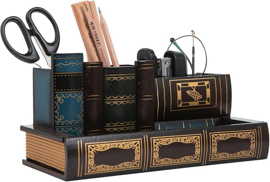 VERGOODR Decorative Pencil and Pen Holder with Storage Drawer, Wooden Desk Organizer Caddy, Antique Library Books Design Pen Cup for Office Supplies, Countertop, Desk,Table (Reddish brown)