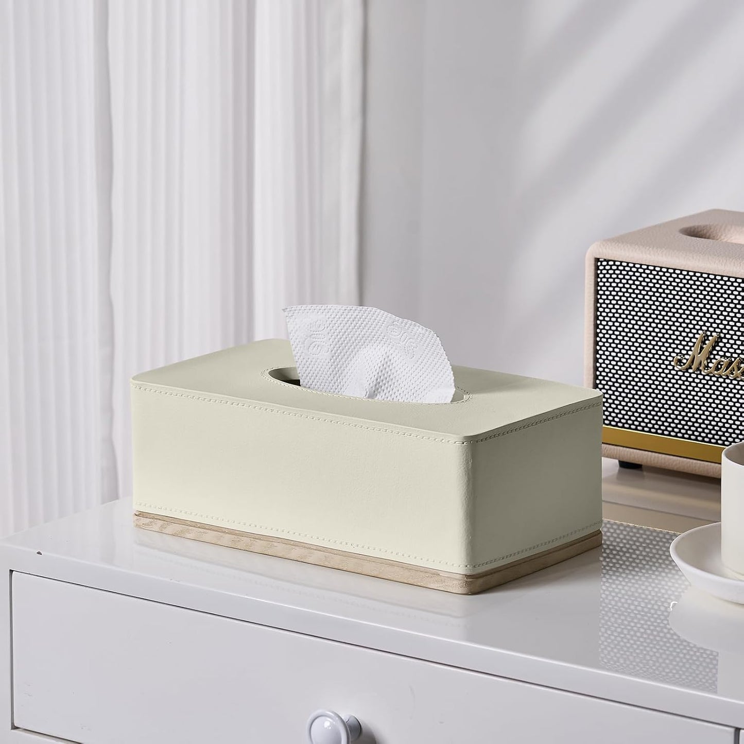 Rectangular Tissue Box Cover for Bathroom,Livingroom,Bedroom, Hand Carved Leather Resin Tissue Box Holder,10 x 5.7 x3.7 in, Beige