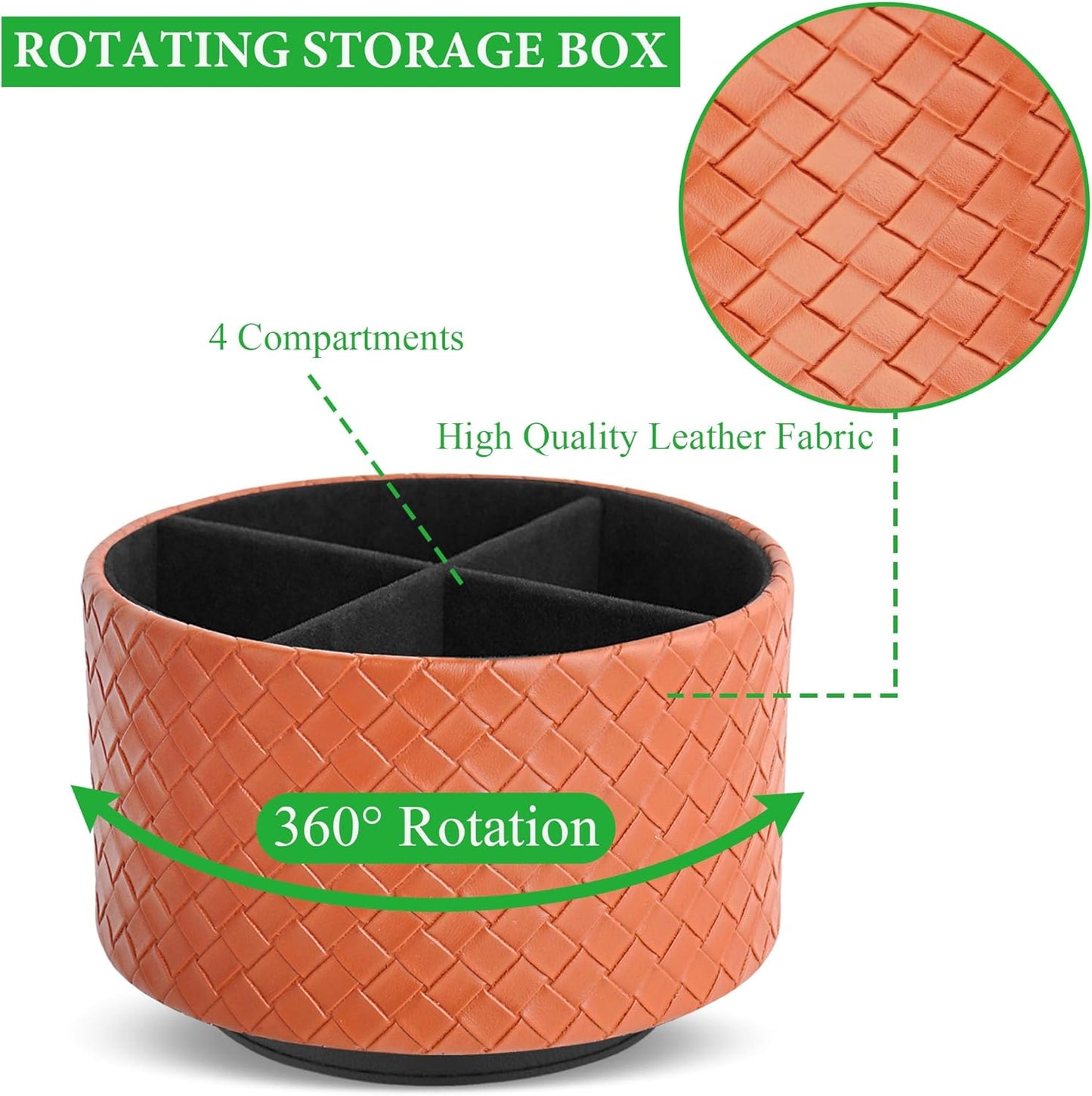 Hennaja Round Leather Art Supply Organizer,Remote Control Holder,360 Degree Spinning,Multi-Functional Pencil Holder,4 Compartments Desktop Stationary Organizer(1-Weave Brown)