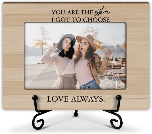 Sisters Picture Frame, Wooden Photo Frame with Stand, Friendship Gifts Birthday Gifts for Women Sister Bestie Friends, Home Office Desk Decor Photo Frame Tabletop Display -xk28