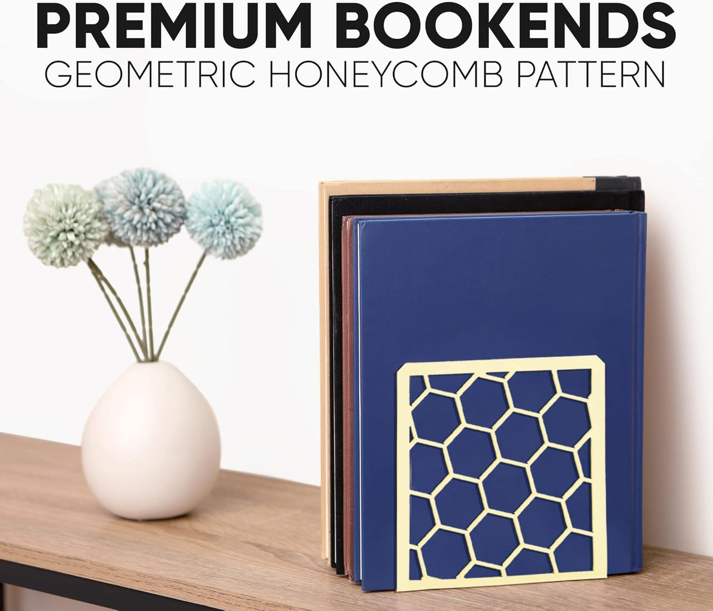 GEOMOD Geometric Honeycomb Yellow Metal Bookends Decorative - Tall Sturdy Book Ends for Shelves - Modern Heavy Duty Bookend Stopper - Office Shelf Book Holder - 6x3.25x6.25 Inches - 2 Pair