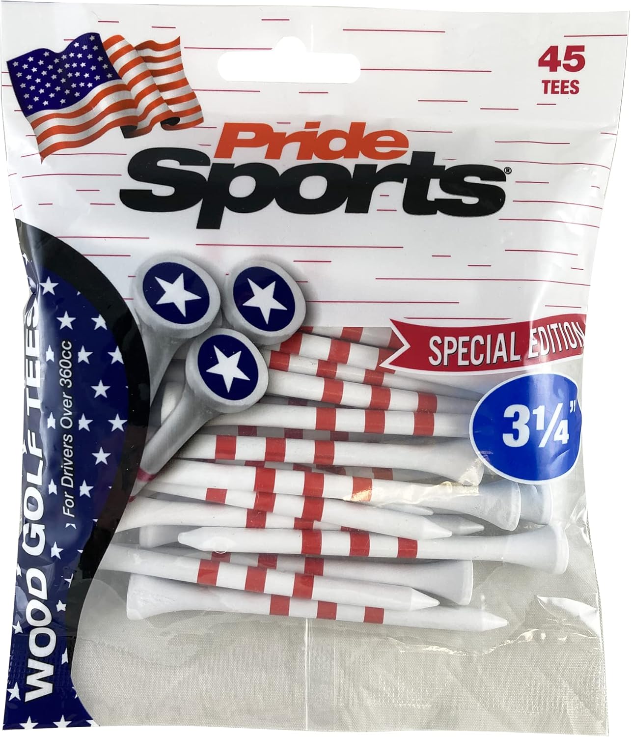 PrideSports 3-1/4" Pride Performance Wood Golf Tees - Special Edition Stars and Stripes - 45 Count - Designed for Less Friction and Longer Drives - Made in The USA