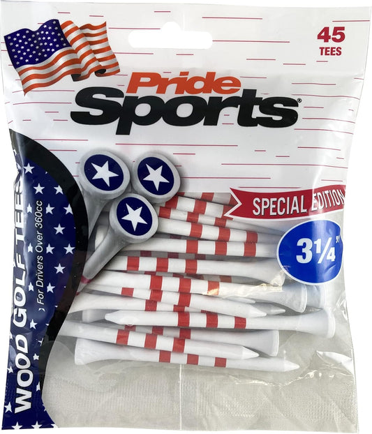 PrideSports 3-1/4" Pride Performance Wood Golf Tees - Special Edition Stars and Stripes - 45 Count - Designed for Less Friction and Longer Drives - Made in The USA