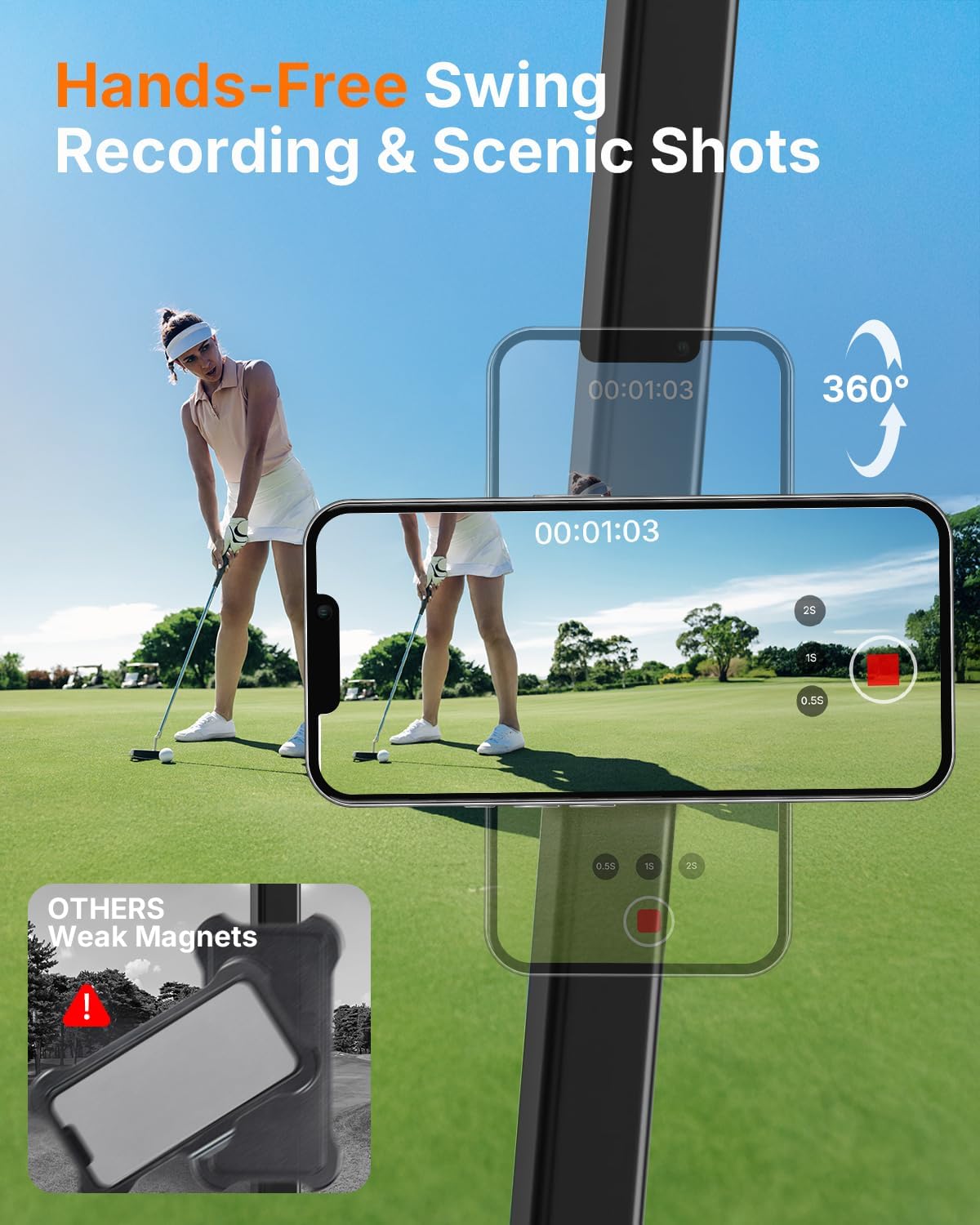 WOSPORTS Magnetic Golf Cart Phone Holder, Golf Cart Phone Mount for iPhone 16 Pro Max 15 14 13 12 Plus