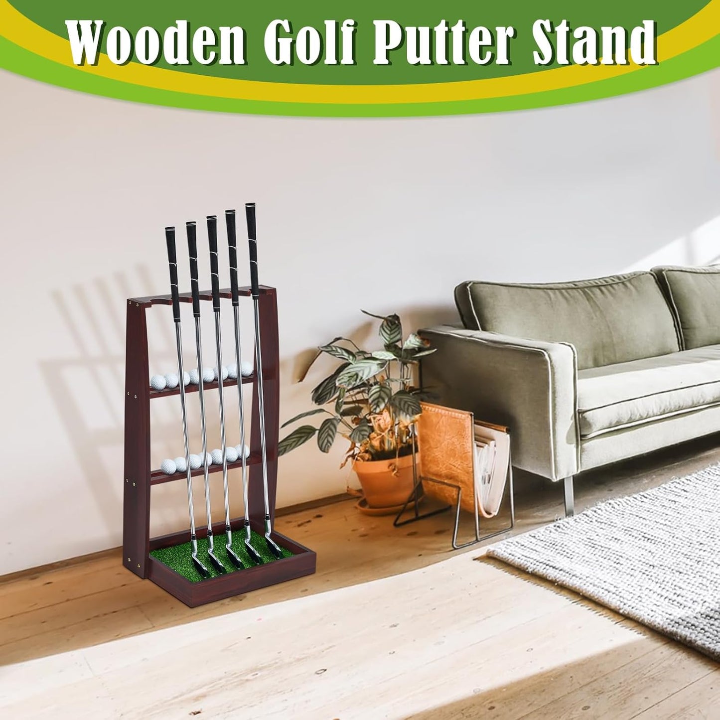 Lenwen Golf Putter Stand Wooden Display Rack Golf Club Holder Stand, Brown Golf Club Organizer for Storage Sports Indoor Home Garage