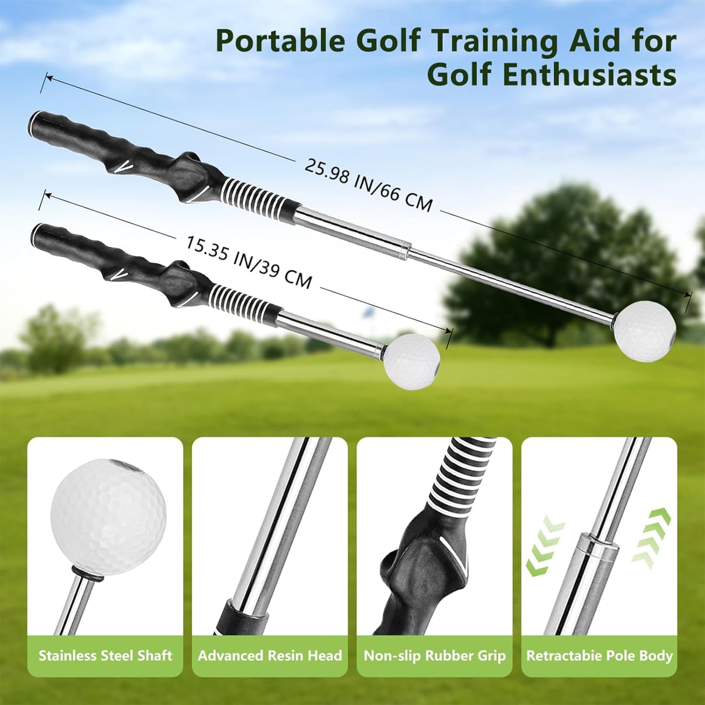 Retractable Golf Swing Training Aid, Portable Golf Grip Trainer & Golf Swing Trainer, Right-Handed Click Stick Golf Trainer for Warm up and Practice Chipping Hitting, Indoor & Outdoor Use