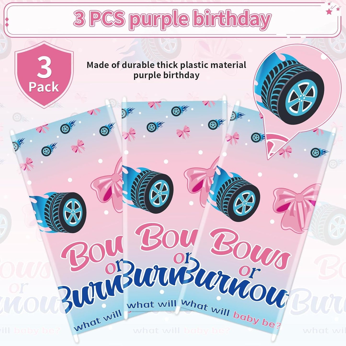 Grencian 3Pcs Burnouts or Bows Gender Reveal Tablecloth Boy or Girl Table Cover Plastic Rectangle He or She Table Cloth Party Decorations for Gender Reveal Baby Shower Party Supplies 54" x 107"