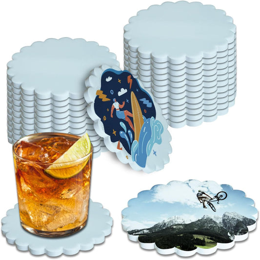 Sublimation Ceramic Coasters Blanks Bulk Round Flower Wavy Edges Drinks Coffee Cup Table Coaster, Absorbent Heat Transfer Ceramic Set for Painting Home Decor with Cork Backing Pads(Wavy Edges 24 PCS)