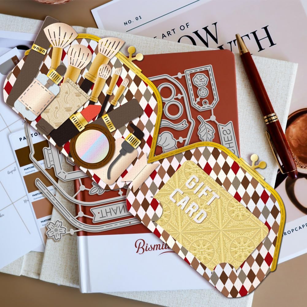 GLOBLELAND Cosmetic Bag Gift Card Holder Cutting Dies for DIY Scrapbooking Makeup Lipstick Brush Eyeshadow Cut Dies for Card Making Embossing Photo Album Craft Decor