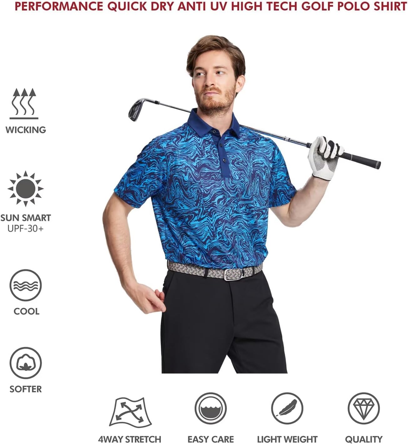 Golf Shirts for Men Dry Fit Short Sleeve Print Performance Moisture Wicking Polo Shirt