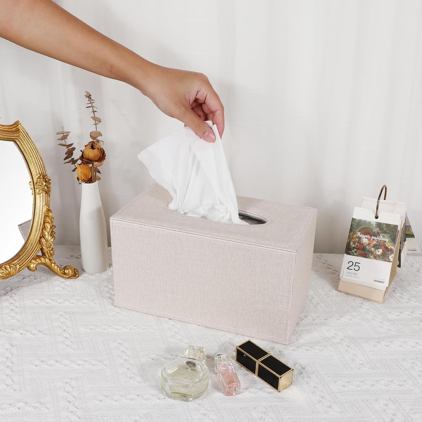 Sumnacon Tissue Box Cover Rectangular Tissue Box Holder Linen Tissue Box with Magnetic Bottom Decorative Beige Tissue Box for Bathroom Toilet Living Room Table Desk Office Car, Large