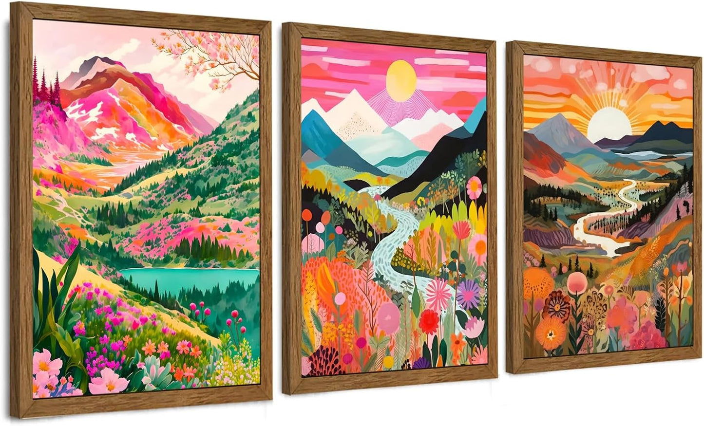 DUWQU 3 piece Colorful Watercolor Mountain Canvas Wall Art Boho Floral Painting Picture Wall Decor Abstract Nature Landscape Poster Print Artwork for Living Room Bedroom Office 12x16 Inch Wood Frames