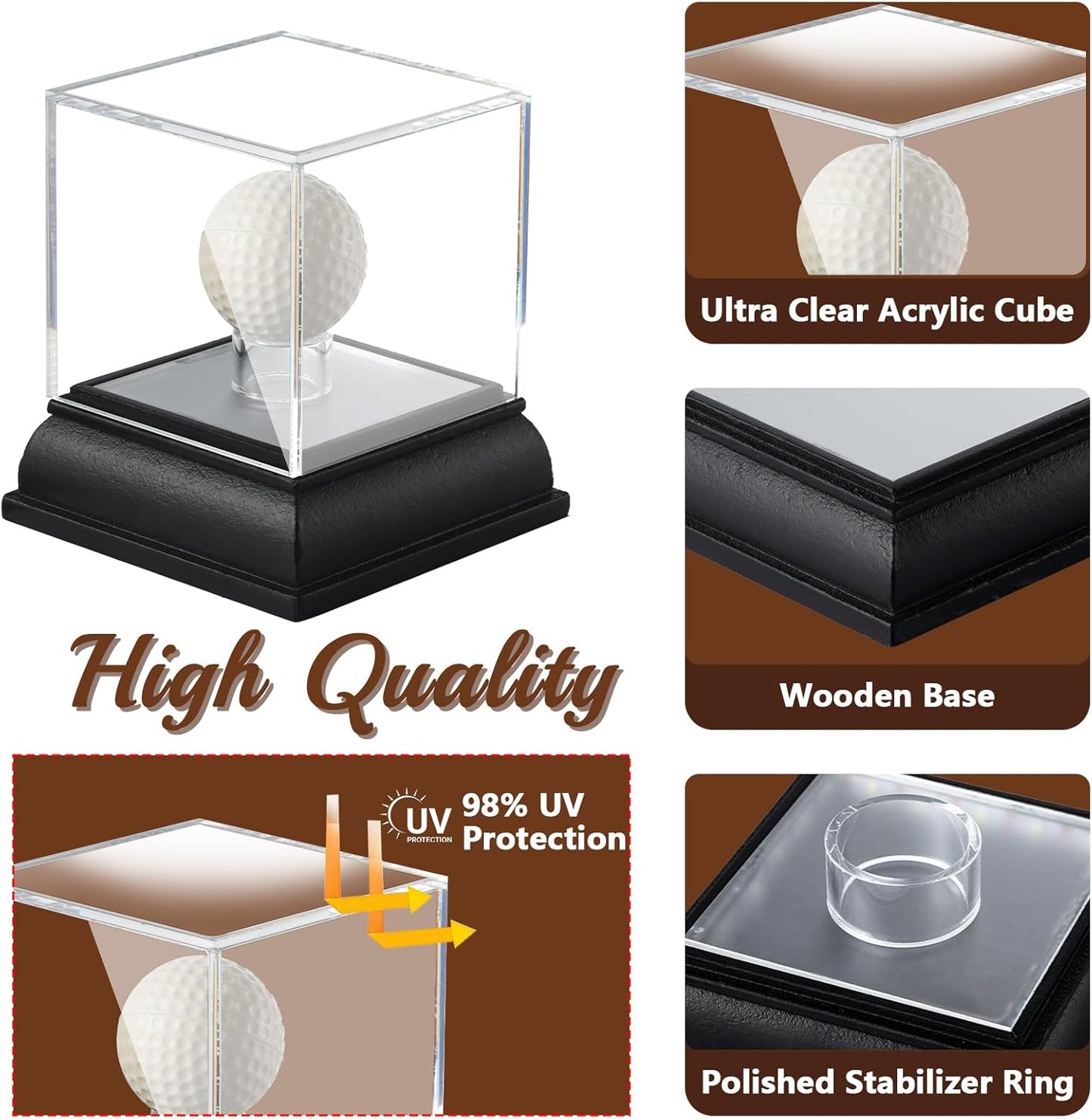 Golf Ball Display Case with Light, UV Protected Clear Acrylic Cube with Wood Base, Sports Memorabilia Display Holder for Single Ball Souvenir Golf Ball Collections