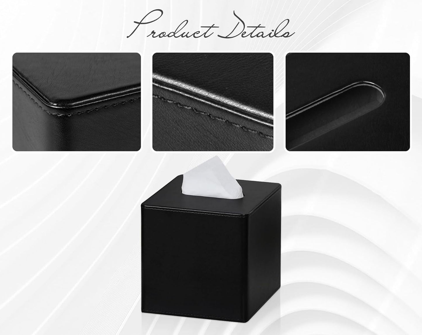 Tissue Box Cover Square PU Leather Facial Tissue Box Holder for Dresser Bathroom Decor (Black)